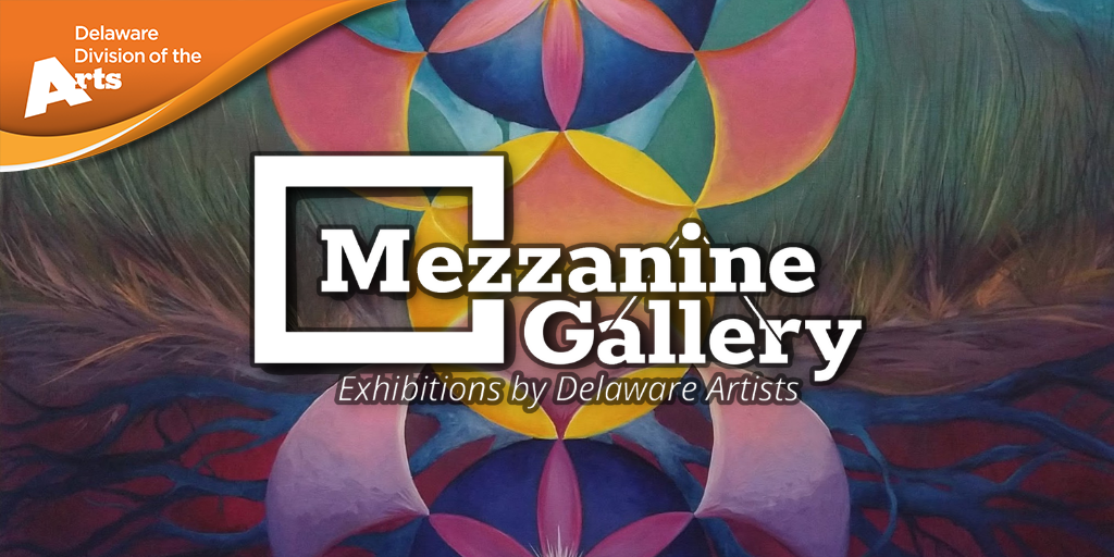 Abstract painting with the mezzanine gallery logo overtop